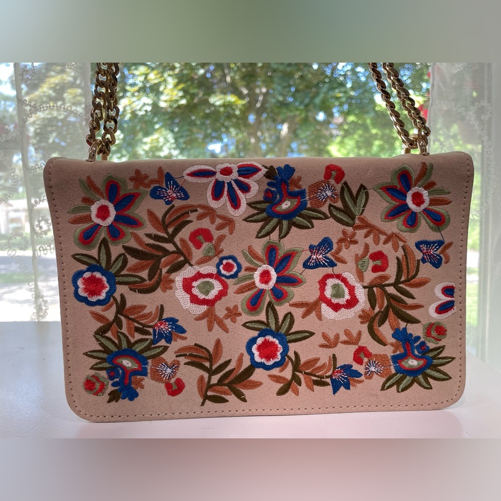 ALDO Embroidered Floral Crossbody Bag with Gold Chain Strap